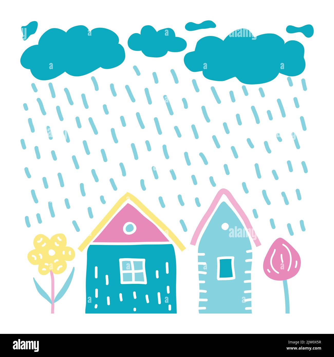 Carino scandinavo doodle case, albero, fiori e nuvole piovose isolato su sfondo bianco. Illustrazione Vettoriale