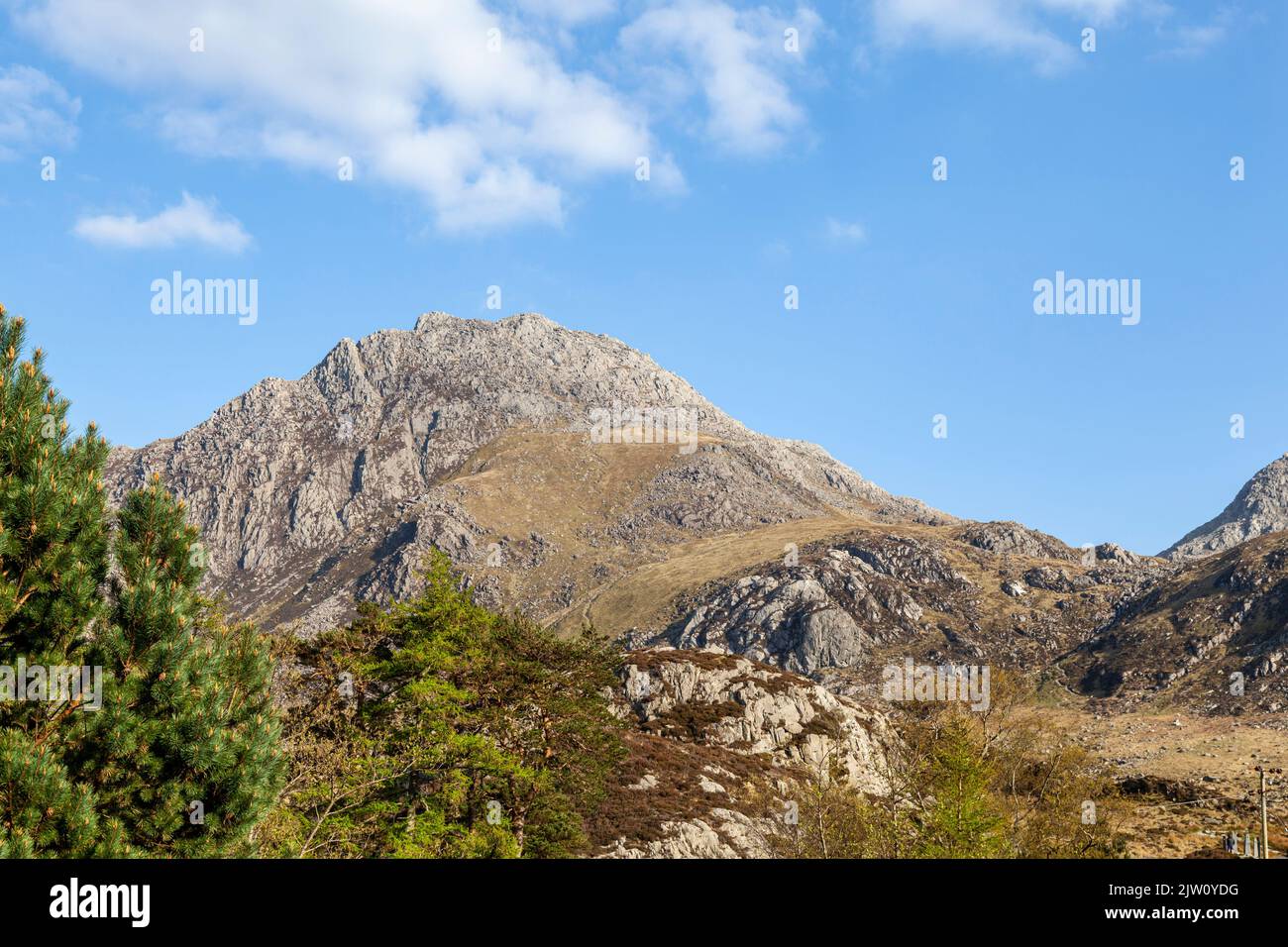 Tryfan visto da Ogwen Cottage, una montagna popolare per gli escursionisti a Snowdonia, Galles del Nord Foto Stock