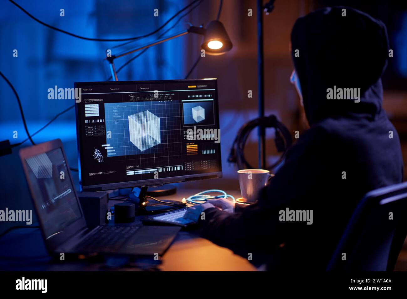 programmatore che lavora con la grafica 3d sul computer Foto Stock