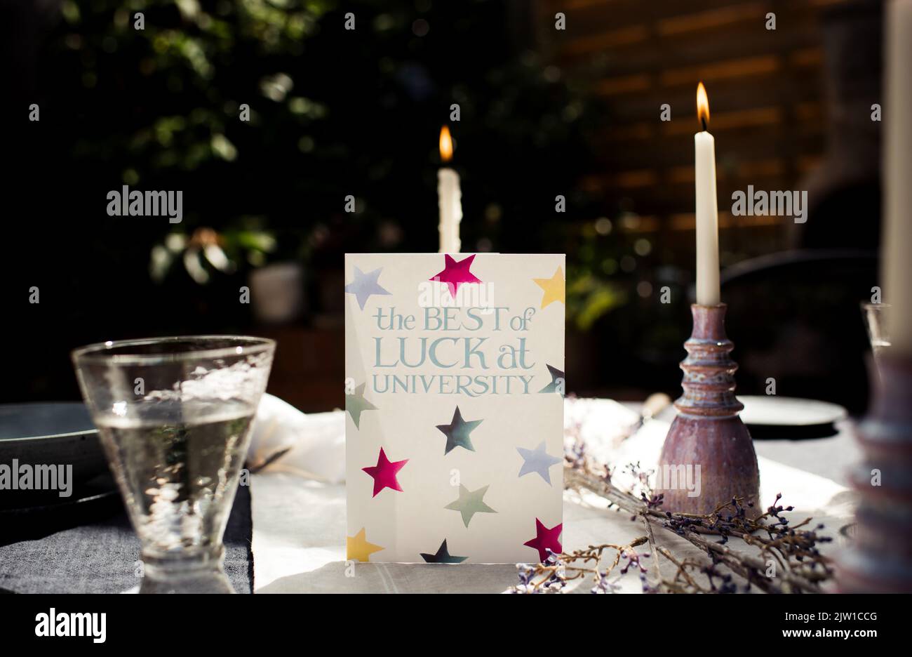 Buona fortuna per la University Card su un tavolo da pranzo decorato Foto Stock