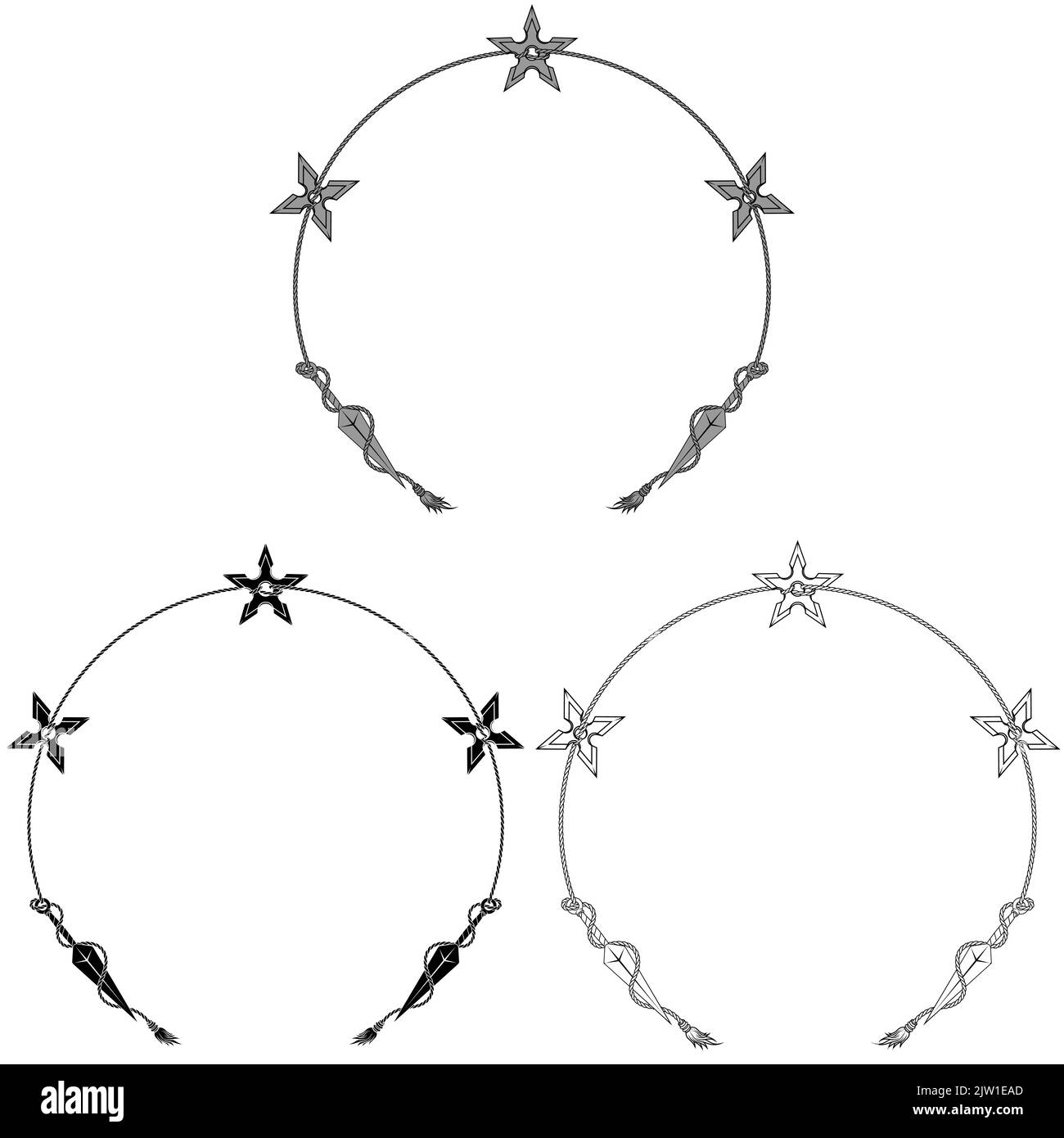 Kunai e Shuriken ninja arma disegno legato in cerchio-forma corda Illustrazione Vettoriale