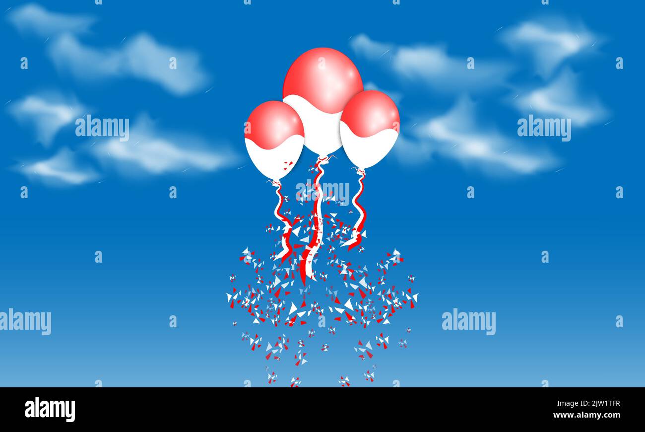 I palloncini galleggiano nel cielo, le nuvole appaiono luminose con palloncini rossi e bianchi, buoni per il design del giorno dell'indipendenza dell'Indonesia Illustrazione Vettoriale