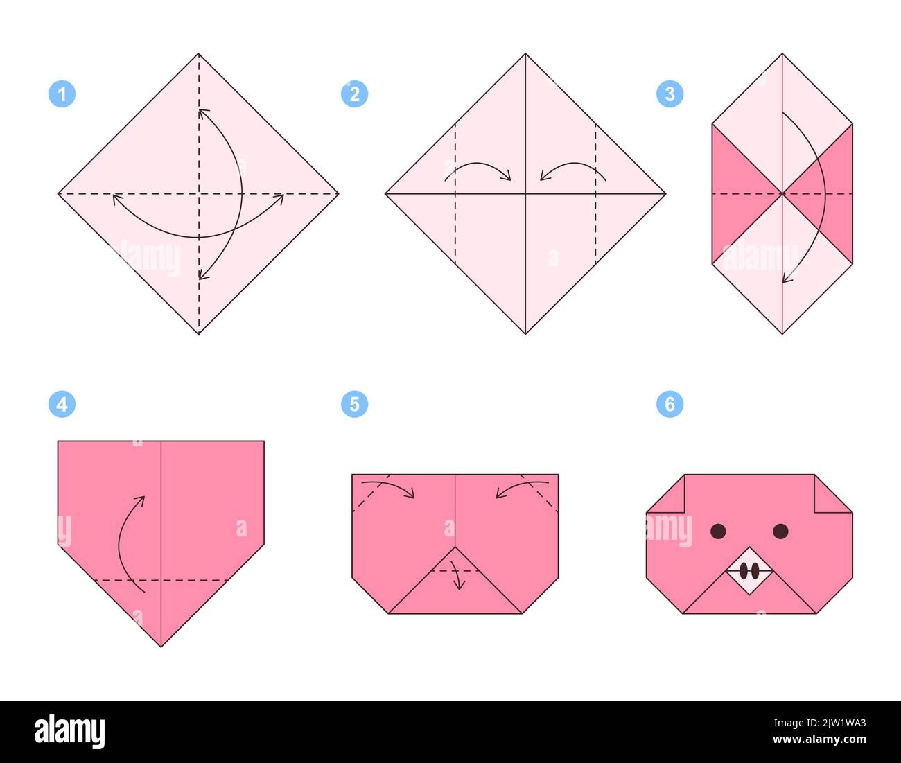 Tutorial Origami. Schema Origami per bambini. Maiale Illustrazione Vettoriale