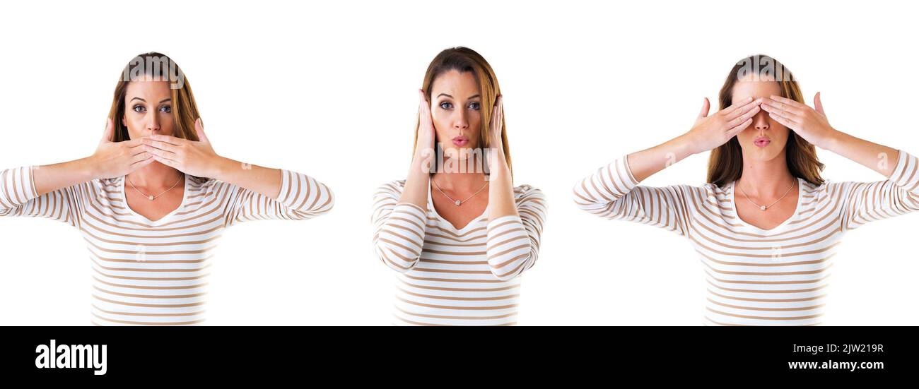 Ascolta, parla e non vedi il male. Ripresa composita di una giovane donna attraente su uno sfondo bianco. Foto Stock