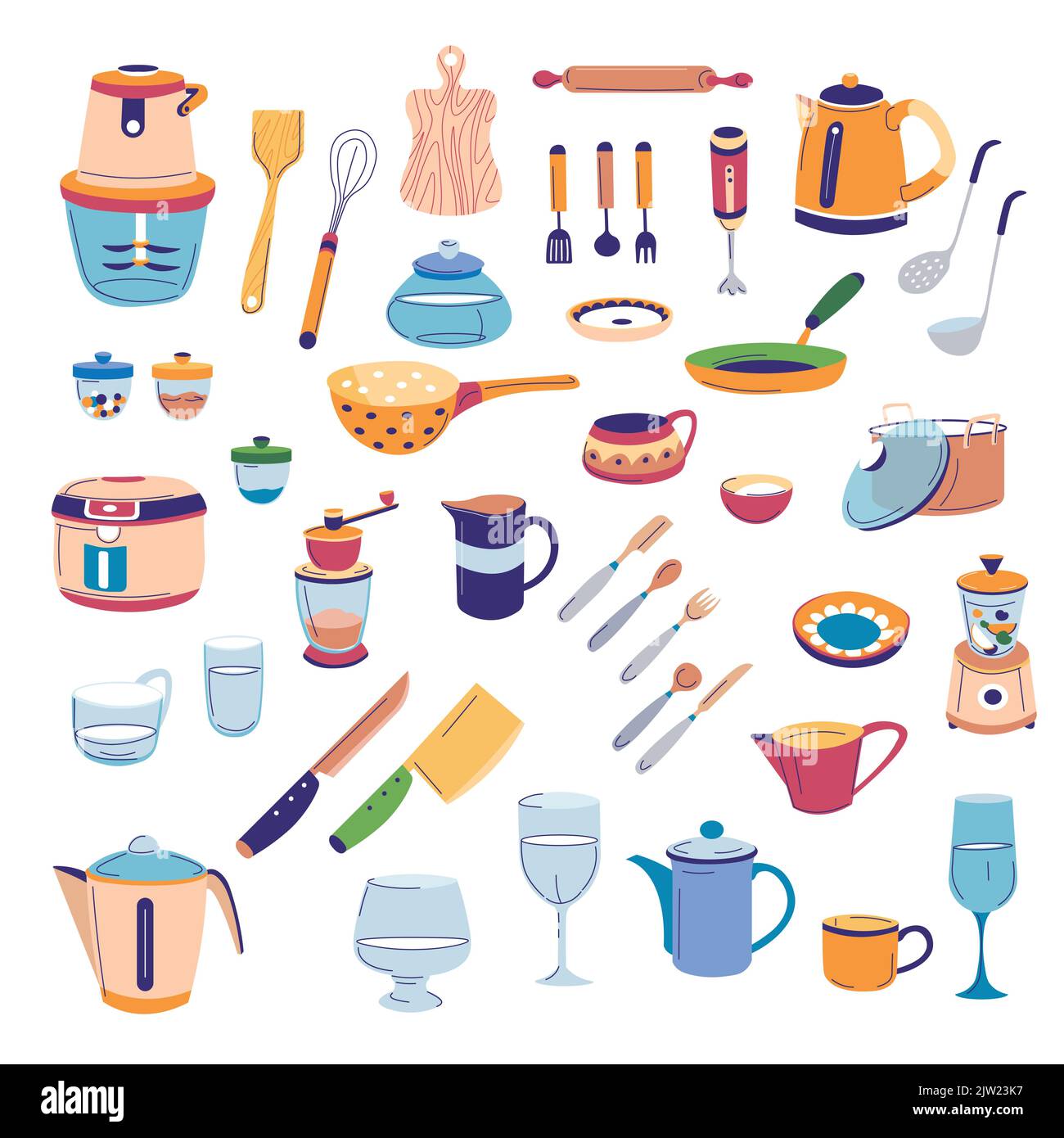 Utensili da cucina e posate, set elettrodomestici Illustrazione Vettoriale