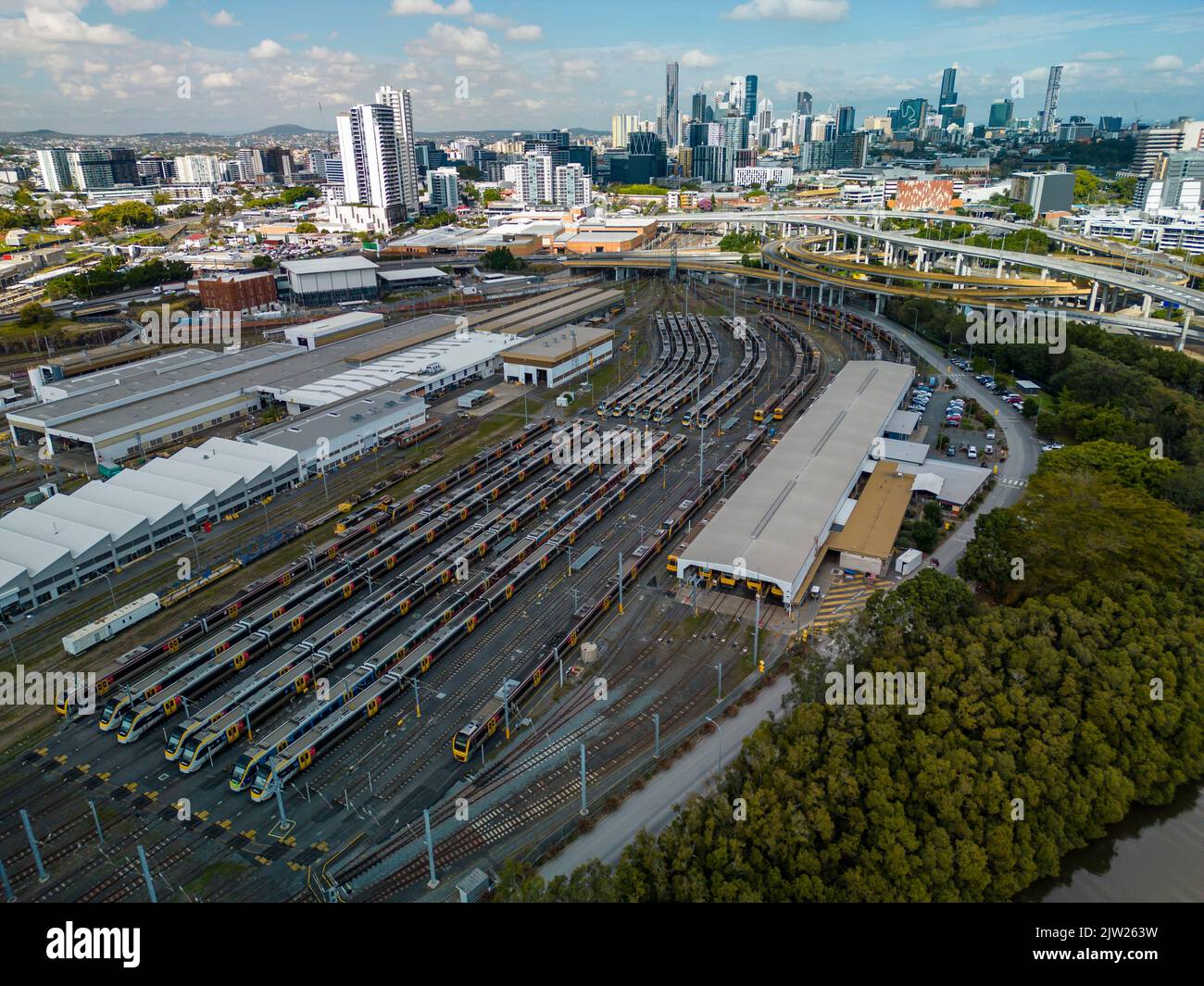 Vista aerea del deposito ferroviario a Brisbane, Australia Foto Stock