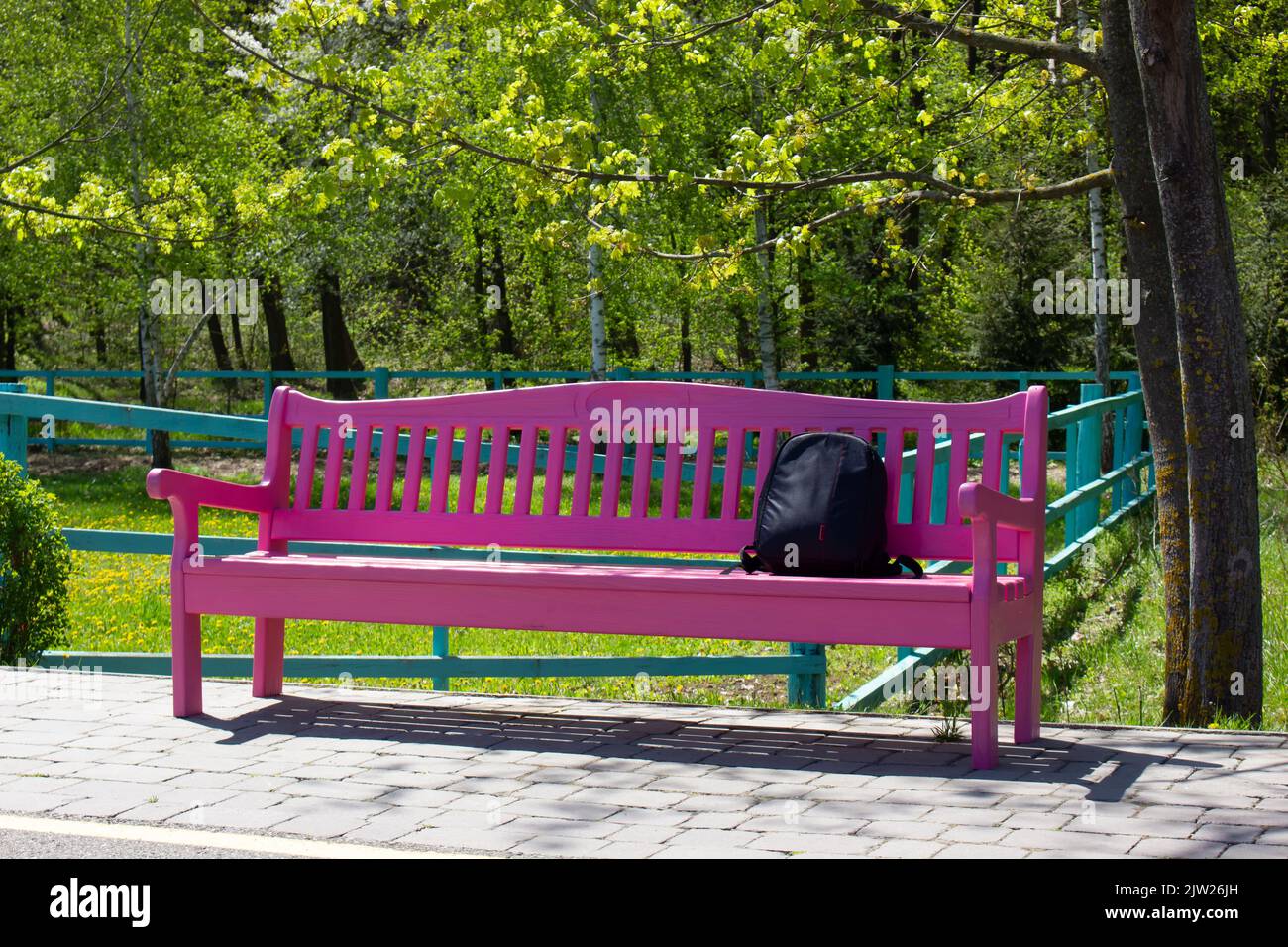 Una panchina rosa nel parco vicino al sentiero. Rubzak sulla panchina sotto l'albero. Foto Stock