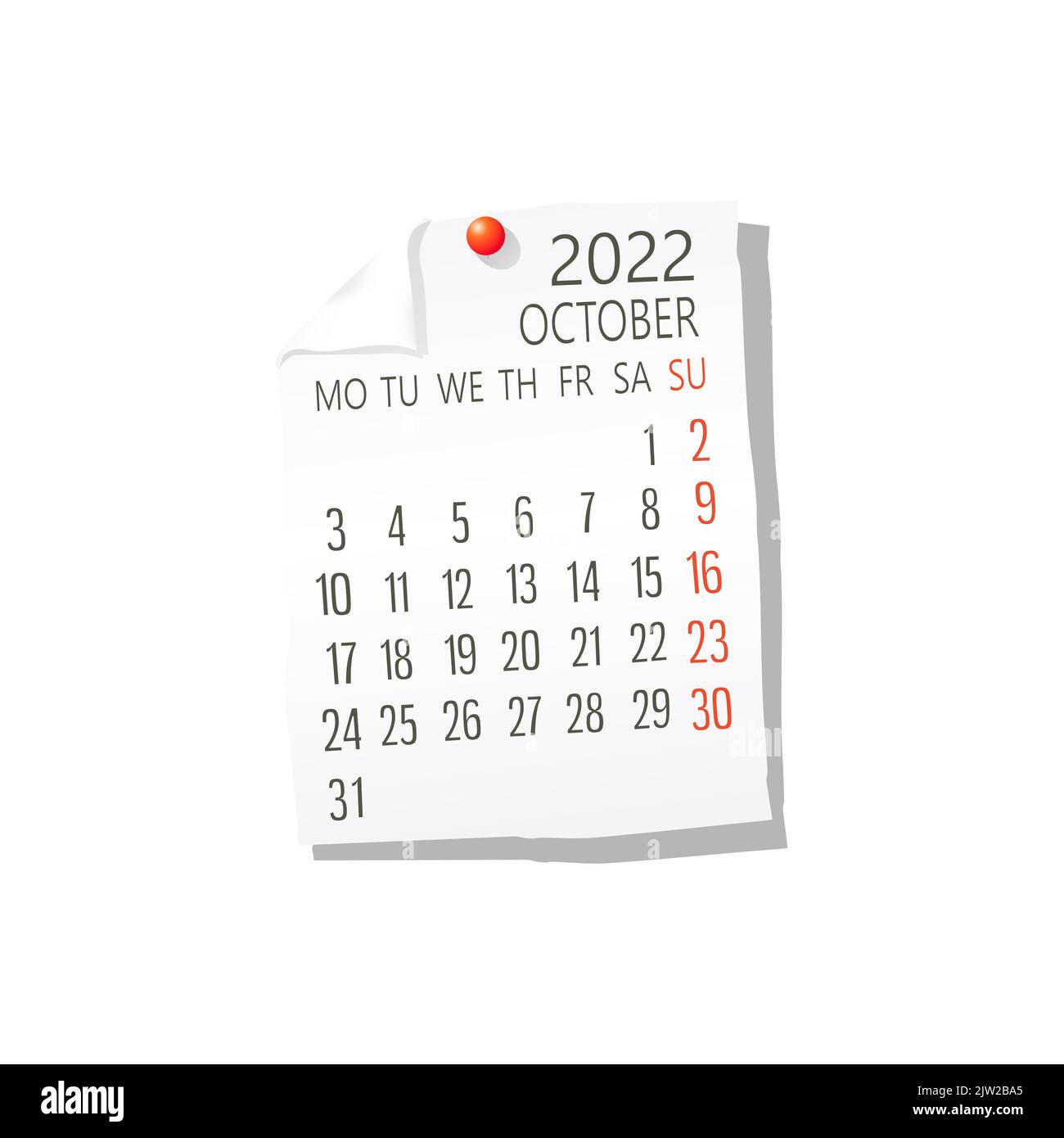 Calendario 2022 sul white paper, ottobre. Vettore modificabile su sfondo bianco Foto Stock