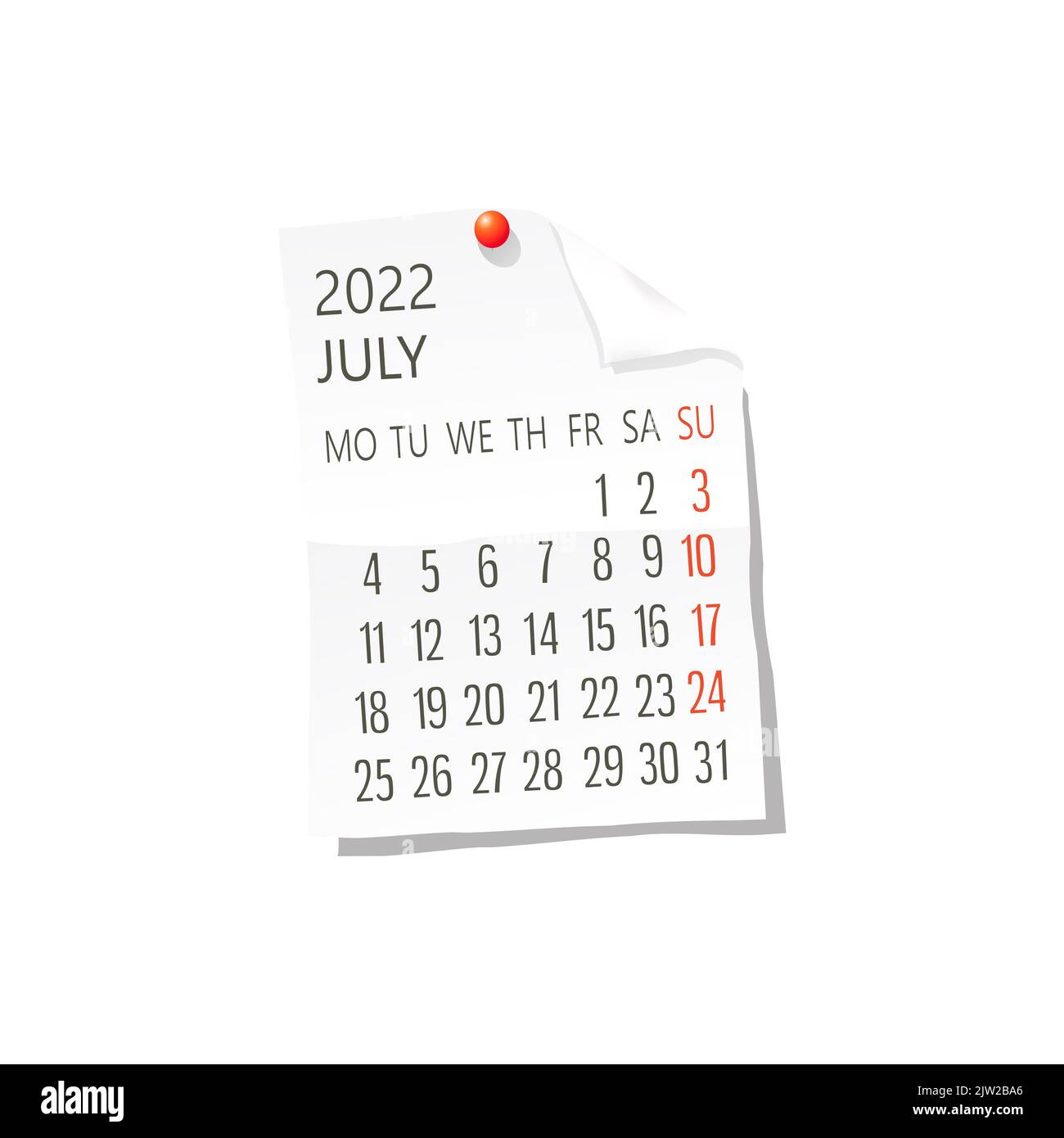 Calendario 2022 sul white paper, luglio. Vettore modificabile su sfondo bianco Foto Stock