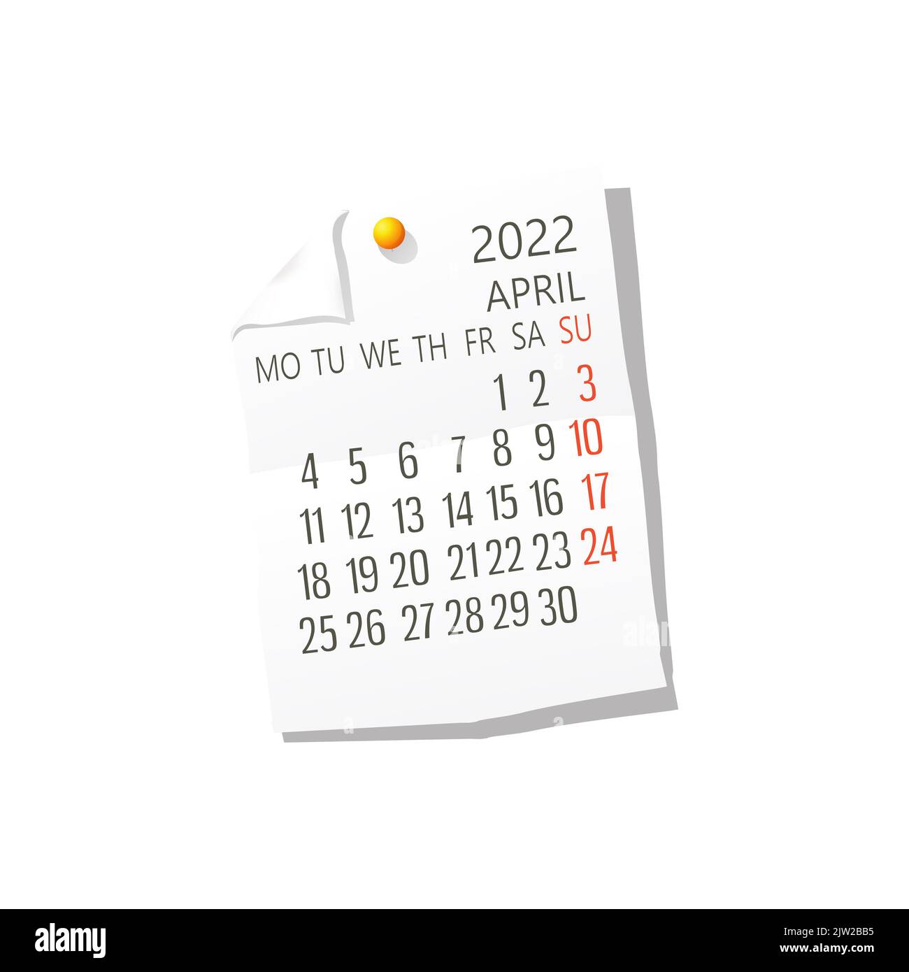 Calendario 2022 sul white paper, aprile. Vettore modificabile su sfondo bianco Foto Stock