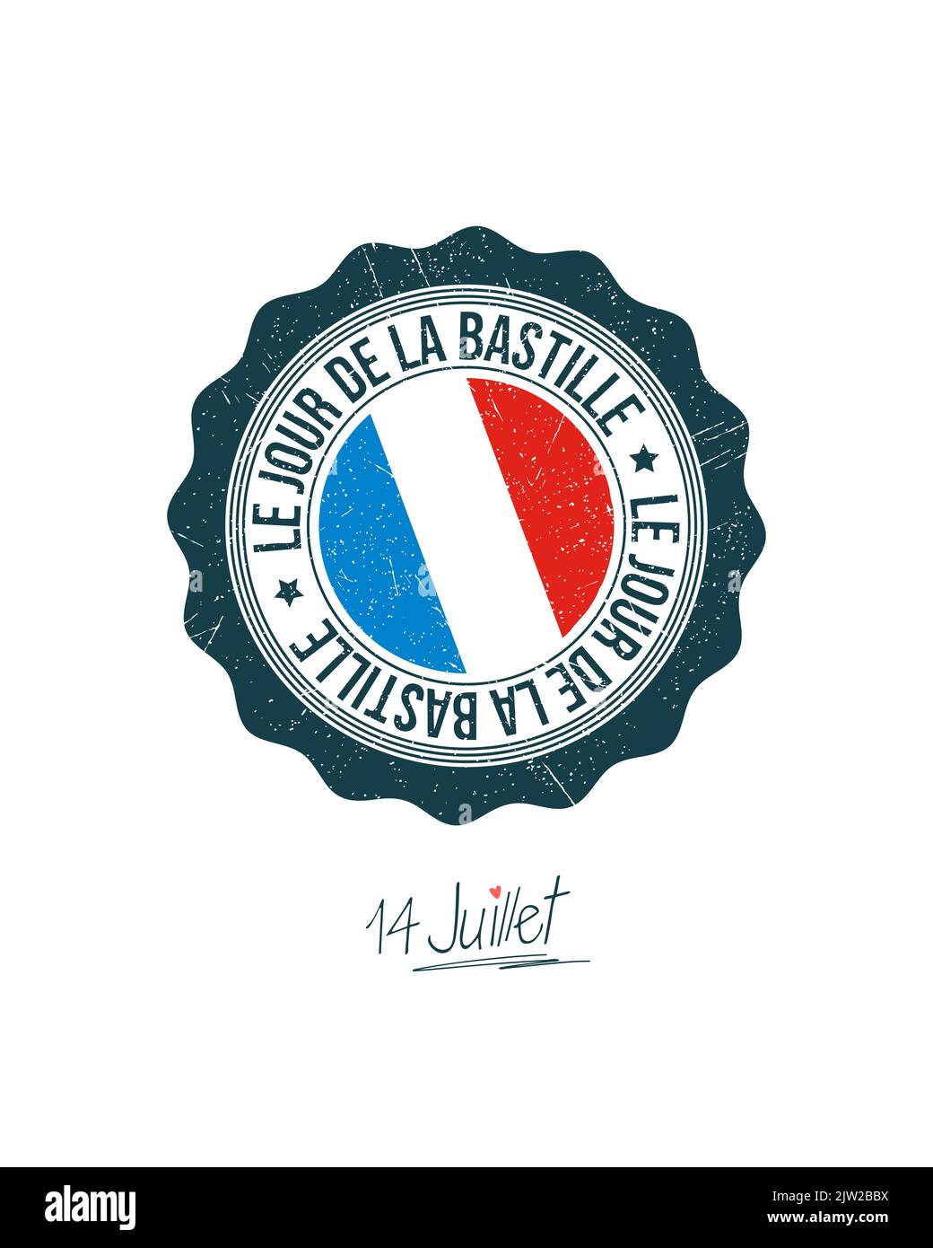 Bastille Day vettore timbro in gomma con bandiera, testo e stelle Francia su sfondo bianco Foto Stock