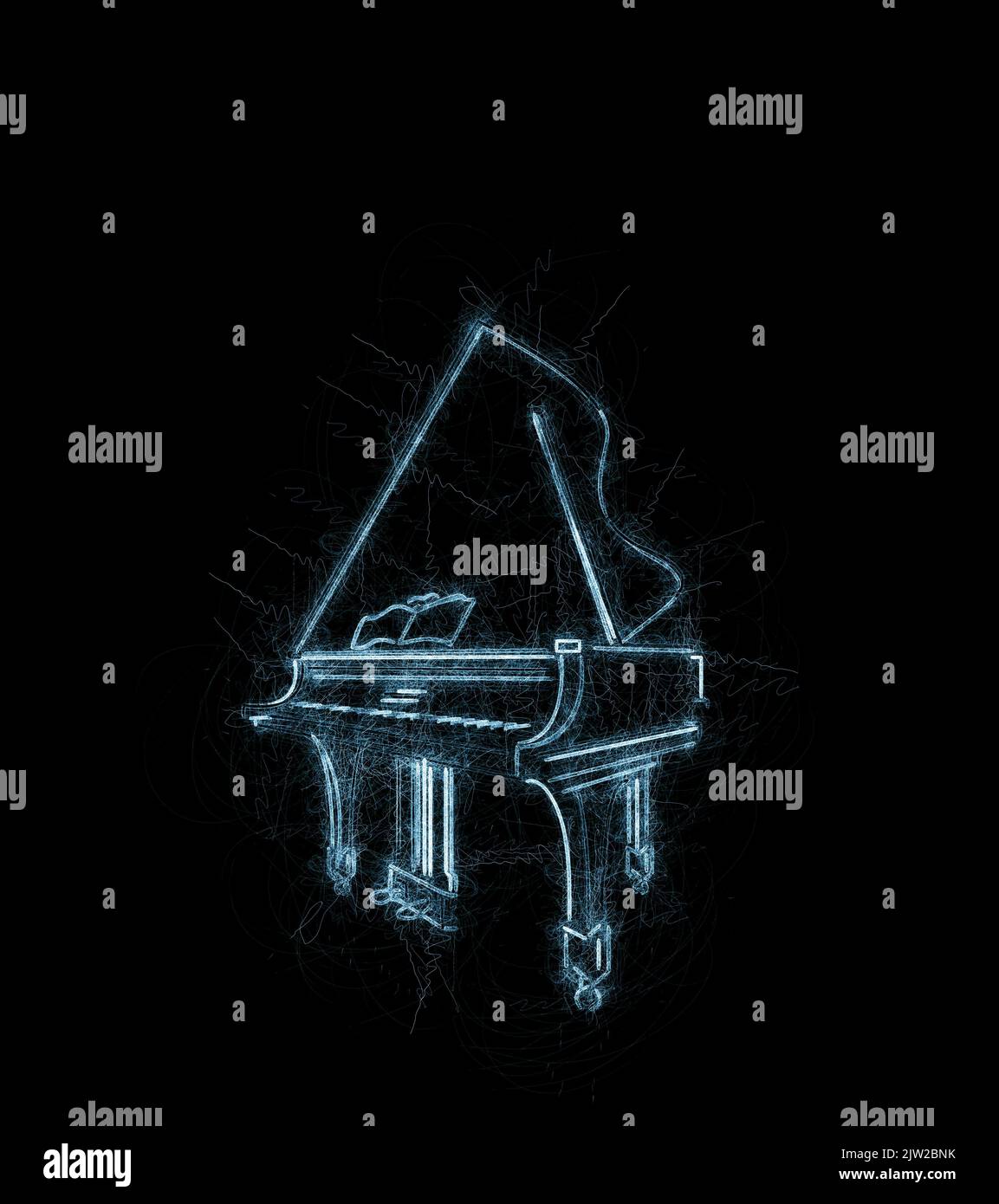 Grand piano grunge schizzo su nero Foto Stock