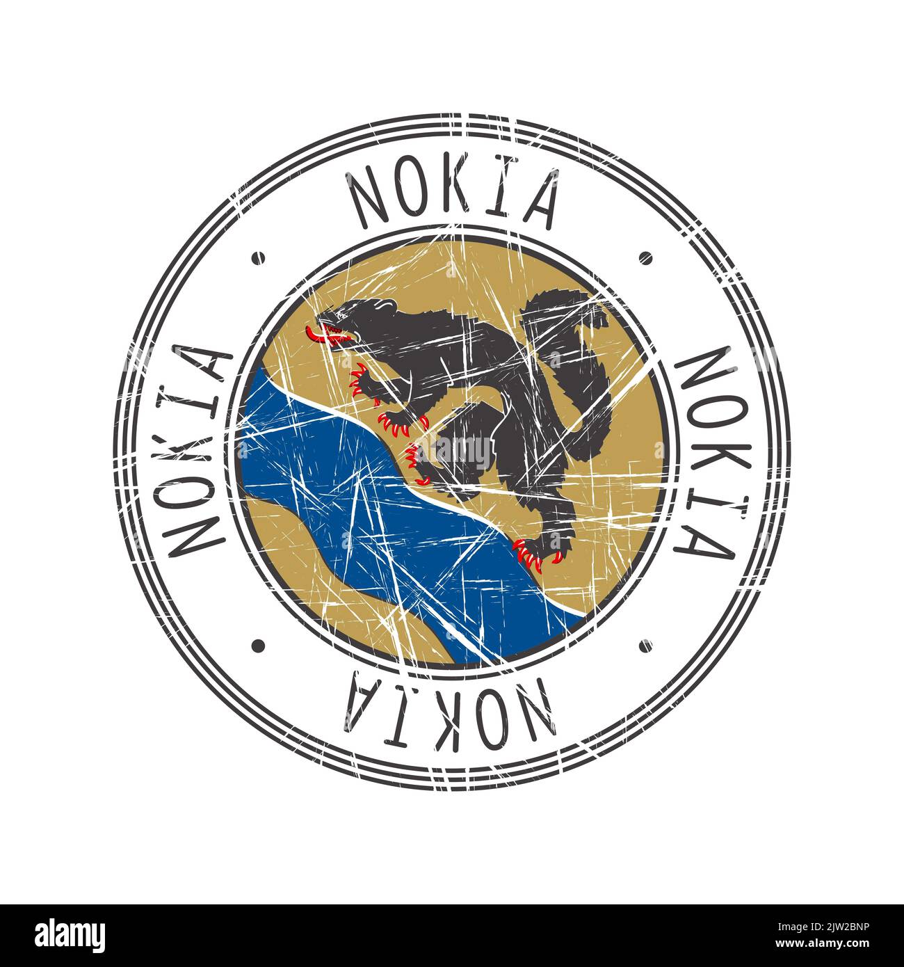 Nokia città, Finlandia. Grunge francobollo di gomma postale su sfondo bianco Foto Stock