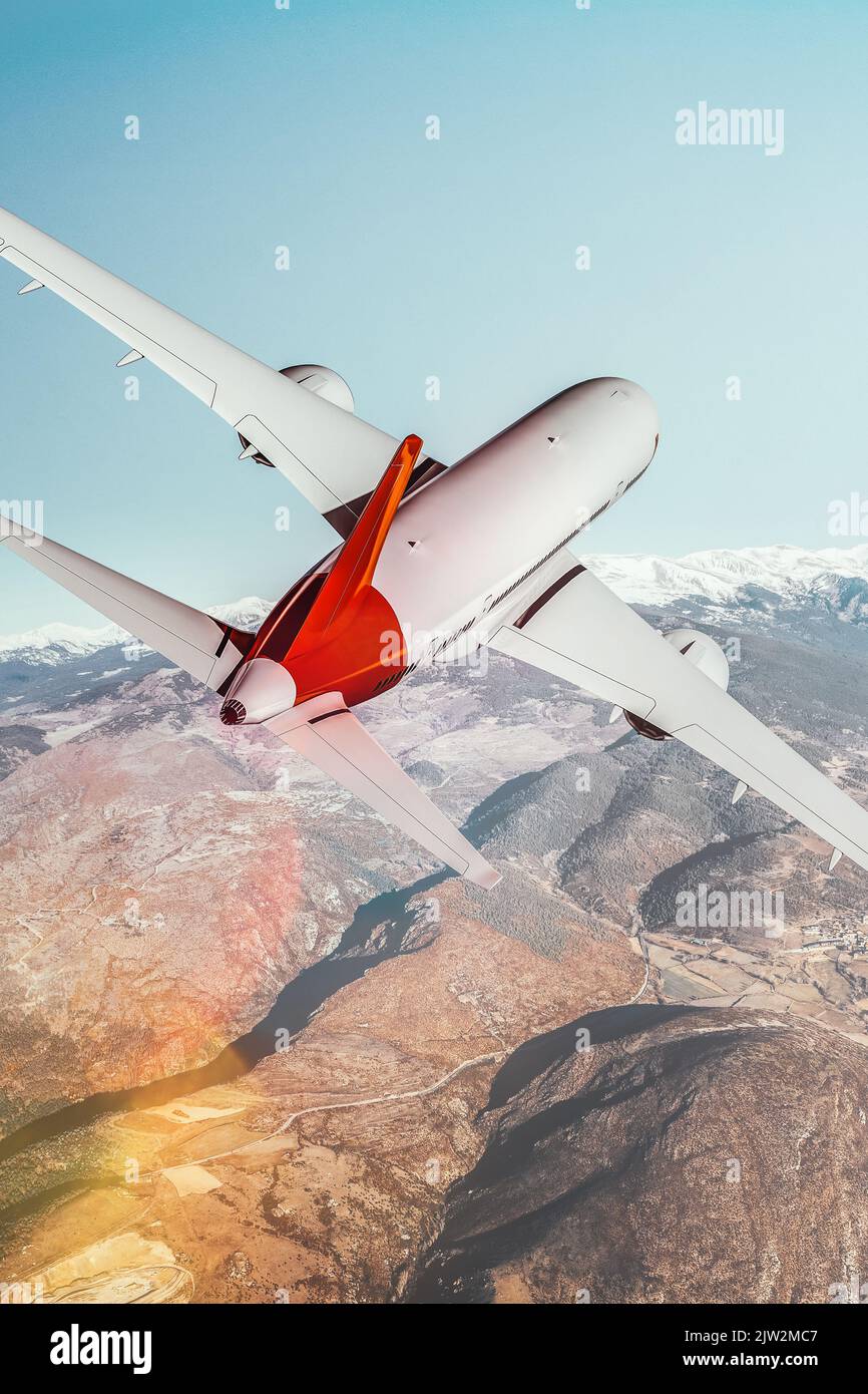 Vista da dietro di un aereo commerciale che sorvola le montagne. Fusione di immagini 3D e raster Foto Stock