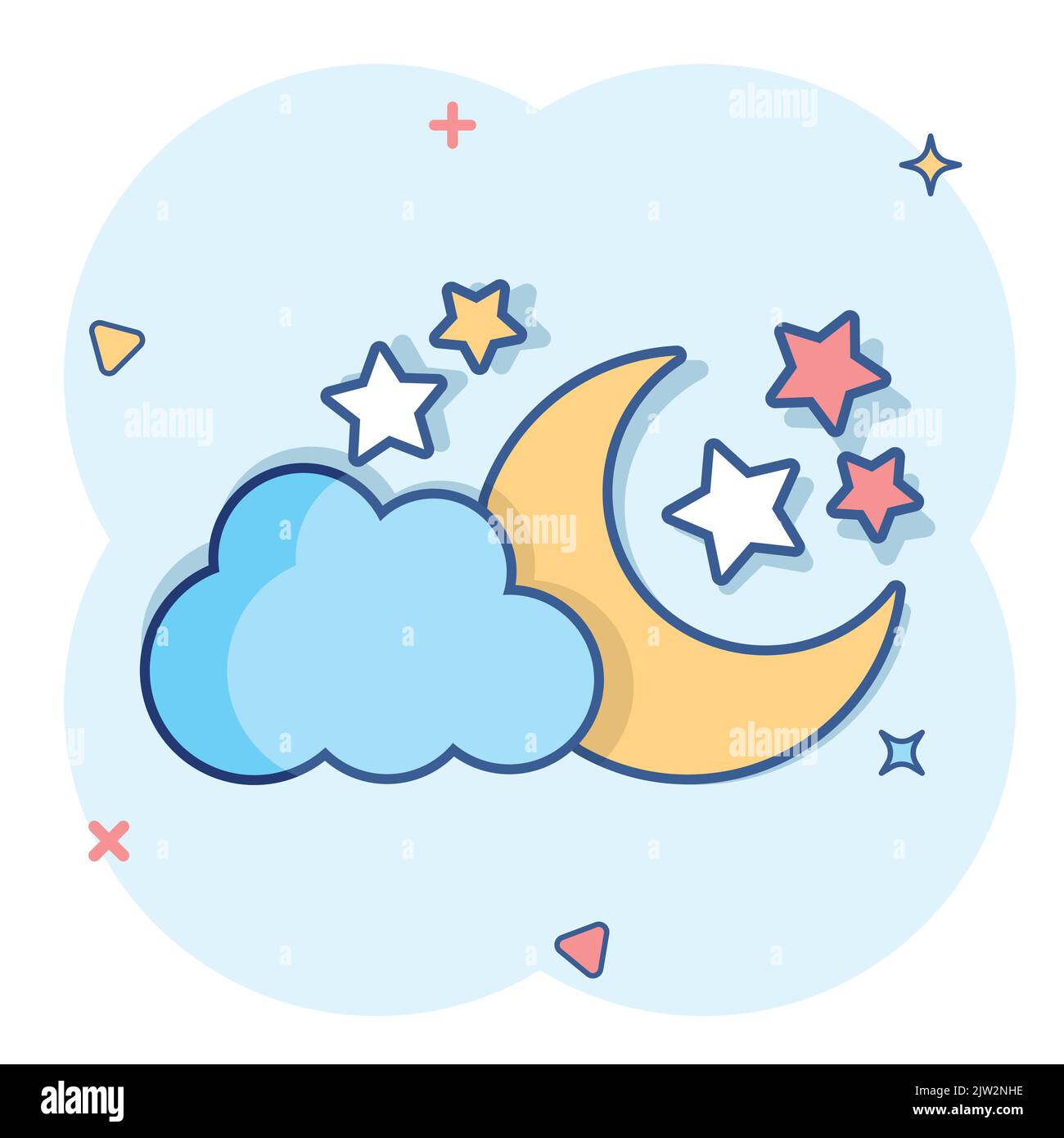 Vector cartoon la luna e le stelle con zolle icona in stile fumetto. Concetto notturna illustrazione pittogramma. Il Cloud, moon business effetto splash concept. Illustrazione Vettoriale
