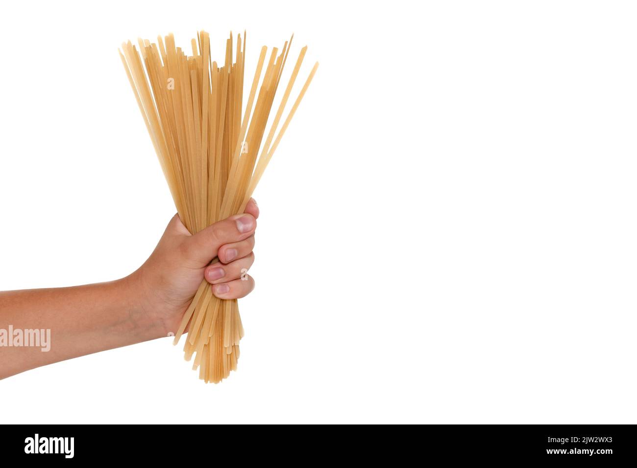 La cucina e il tema della cucina: Mano dell'uomo che tiene una pila di spaghetti crudi su un isolato sfondo bianco Foto Stock
