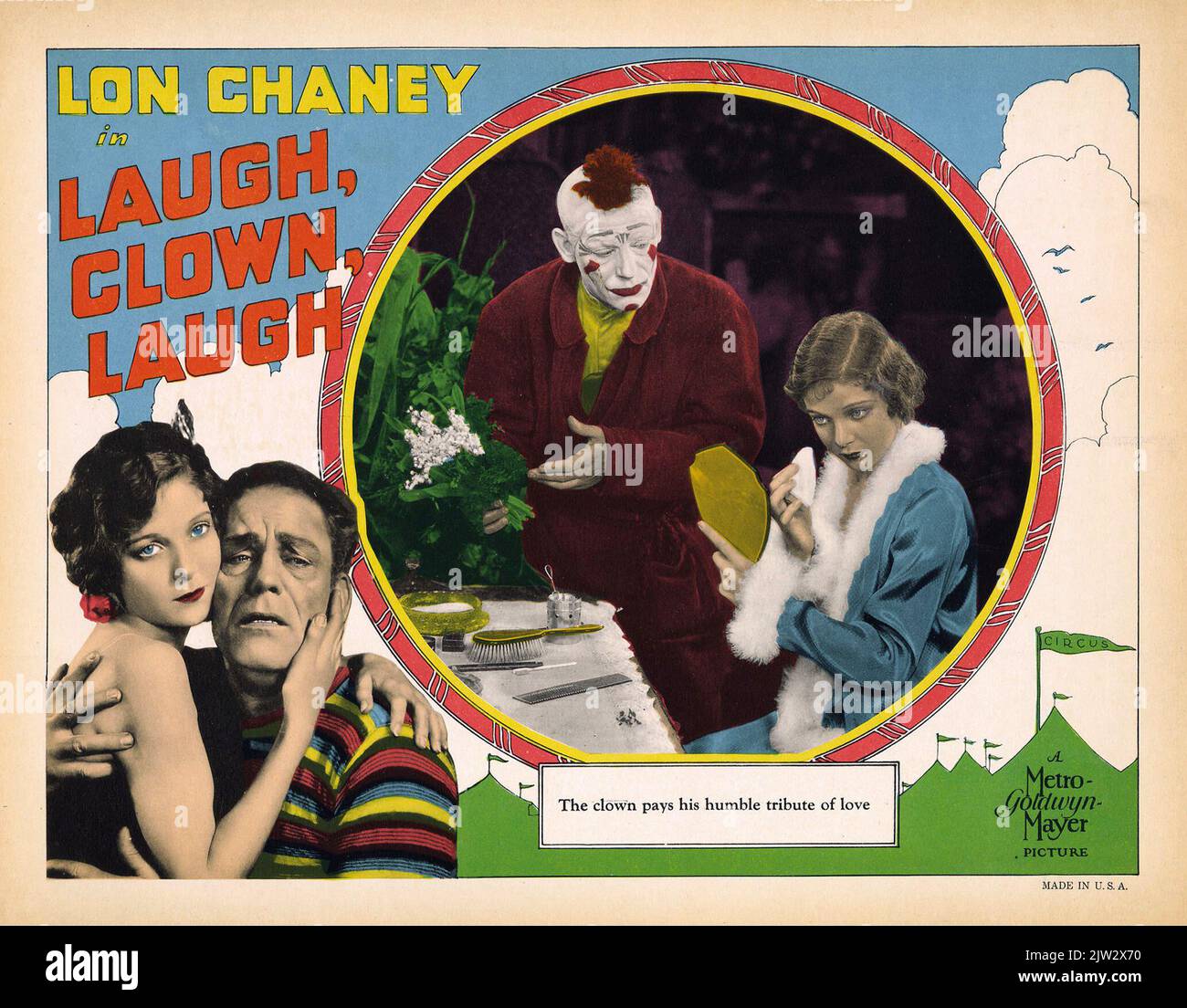 LON Chaney - lobby Card per il film di dramma americano Laugh, Clown, Laugh (1928) 3 Foto Stock