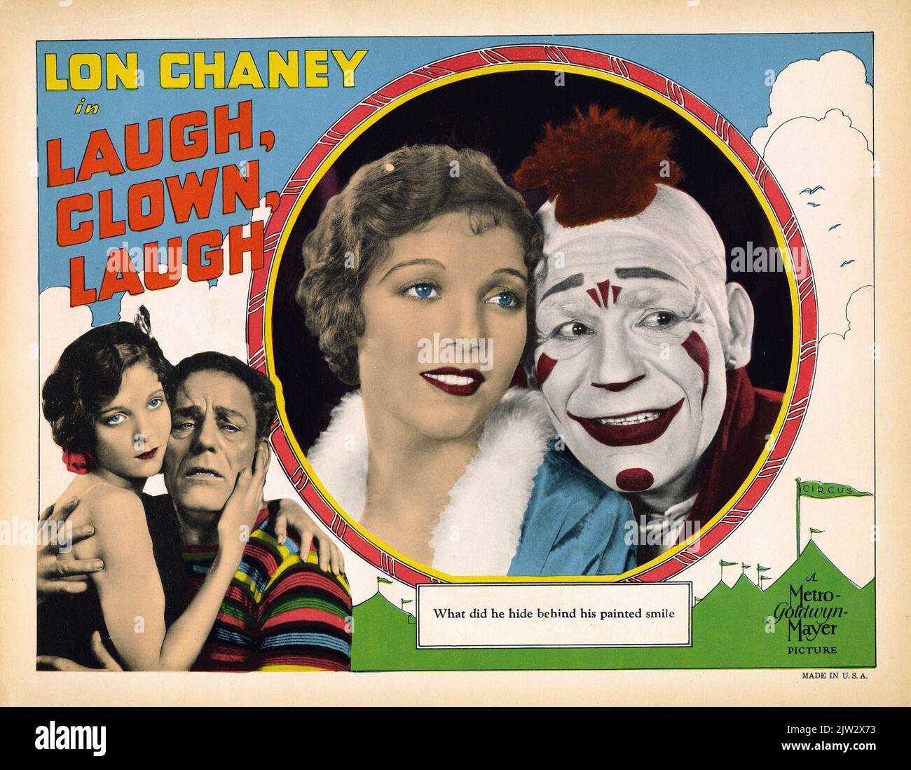 LON Chaney - scheda della lobby per il film di dramma americano Laugh, Clown, Laugh (1928) Foto Stock