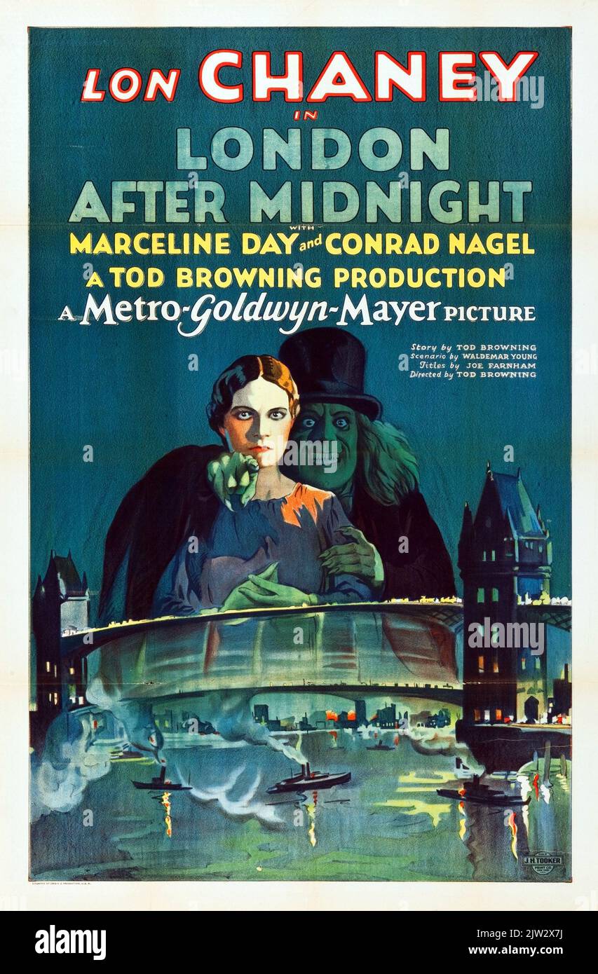 LON Chaney - poster del film d'epoca per il film di mistero americano London After Midnight (1927) Foto Stock