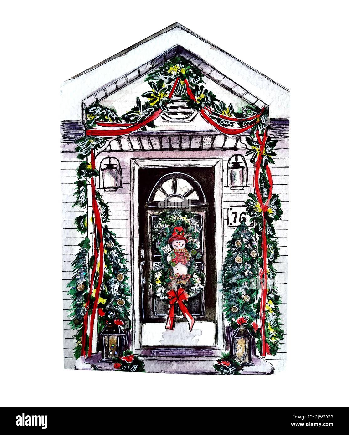 Acquerello illustrazioni di entrata alla casa decorata in stile natalizio con corona di Natale sulla porta e ghirlande con flashlights.Christmas Foto Stock