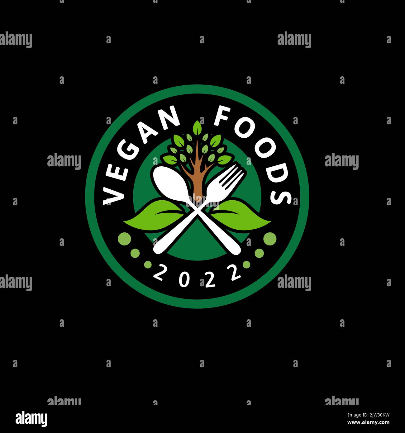 Etichetta con logo per prodotti alimentari vegetariani o Vegan People Vector Design con icona vegetale e posate Illustrazione Vettoriale