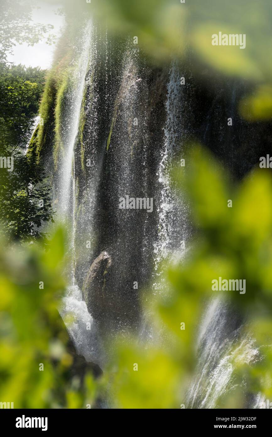 L'acqua si tuffa dalle rocce di una delle numerose cascate del Parco Nazionale dei Laghi di Plitvice, Croazia, Europa. Foto Stock