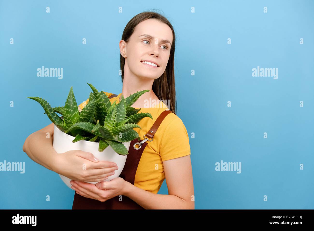 Dreamy bella giovane donna guarda via tenendo in vaso le piante per il suo giardino domestico gradisce le piante domestiche, indossa l'uniforme rossa, posando isolato sopra il colo blu Foto Stock