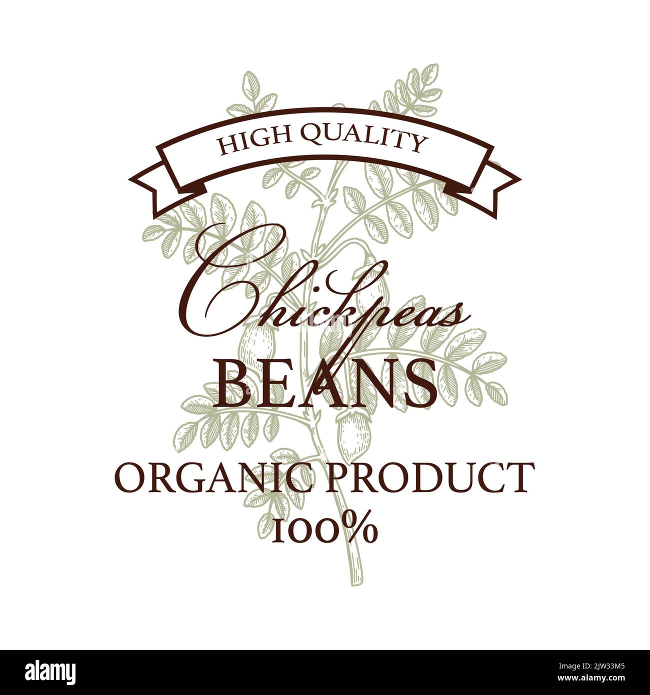 Modello con logo di ceci vintage disegnati a mano. Illustrazione vettoriale nello stile di schizzo. Design botanico isolato su bianco Illustrazione Vettoriale