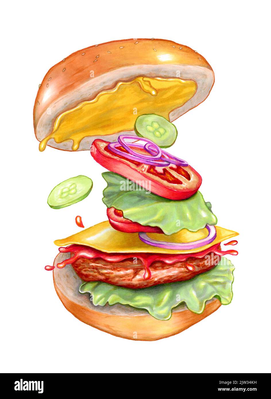 Hamburger esplodente che mostra i suoi ingredienti cadere. Illustrazione tradizionale su carta. Foto Stock