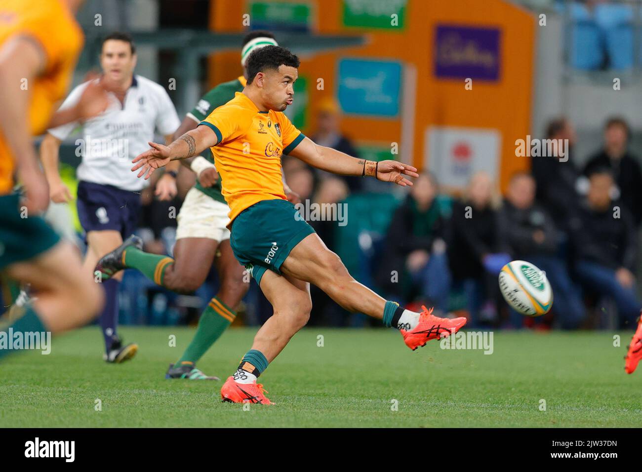 Sydney, Australia. 03rd Set, 2022. Hunter Paisami of Wallabies calcia la palla durante la partita del Campionato di rugby eToro tra Australia e Sud Africa allo stadio Allianz di Sydney, Australia, il 3 settembre 2022. Foto di Peter Dovgan. Solo per uso editoriale, licenza richiesta per uso commerciale. Non è utilizzabile nelle scommesse, nei giochi o nelle pubblicazioni di un singolo club/campionato/giocatore. Credit: UK Sports Pics Ltd/Alamy Live News Foto Stock