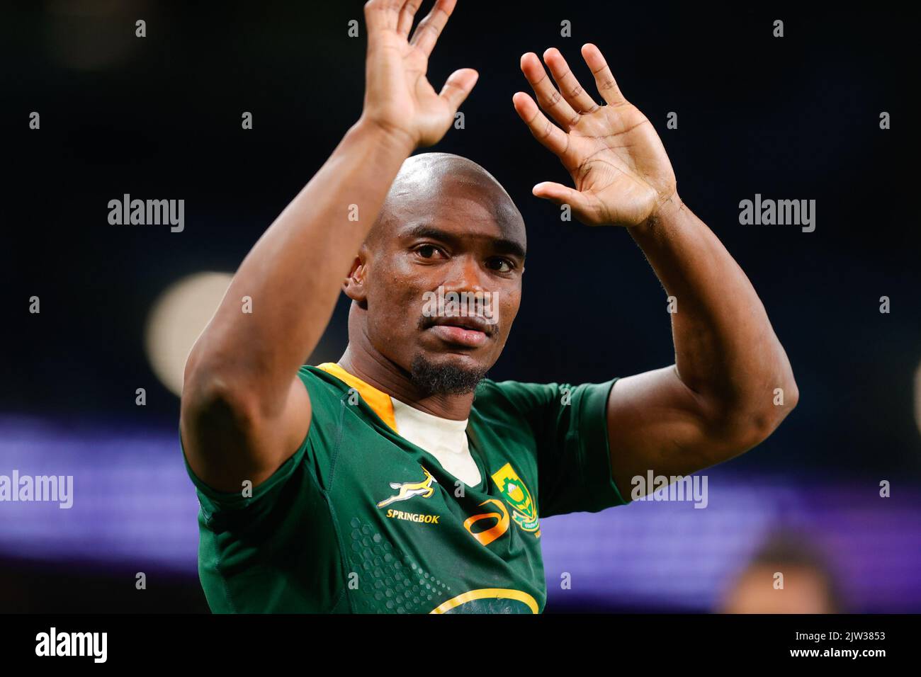 Sydney, Australia. 03rd Set, 2022. Makazole Mapimpi di Springboks ringrazia i fan durante la partita del campionato di rugby eToro tra Australia e Sud Africa allo stadio Allianz di Sydney, Australia, il 3 settembre 2022. Foto di Peter Dovgan. Solo per uso editoriale, licenza richiesta per uso commerciale. Non è utilizzabile nelle scommesse, nei giochi o nelle pubblicazioni di un singolo club/campionato/giocatore. Credit: UK Sports Pics Ltd/Alamy Live News Foto Stock