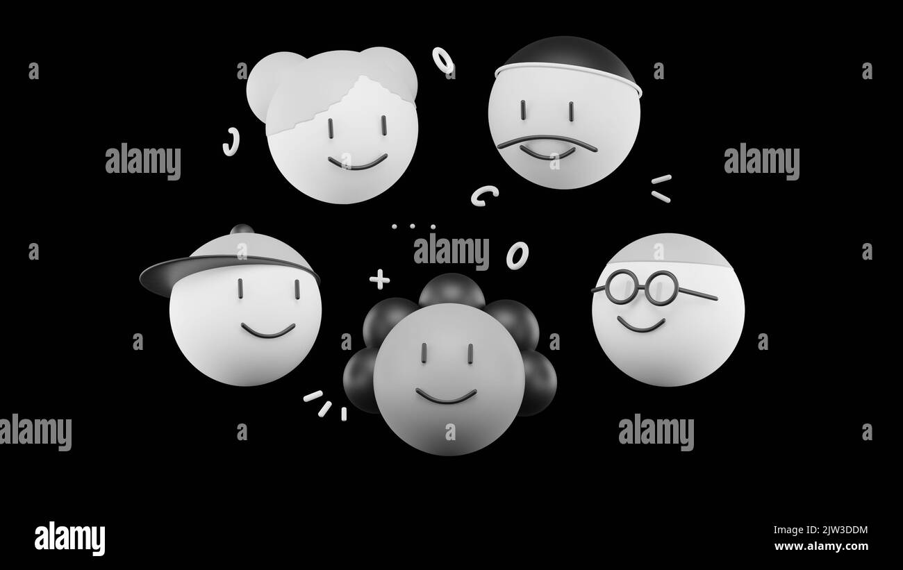 Gruppo di persone diverse si è Unito alla felicità. Concetto di lavoro di squadra aziendale. Illustrazione trendy 3D Foto Stock
