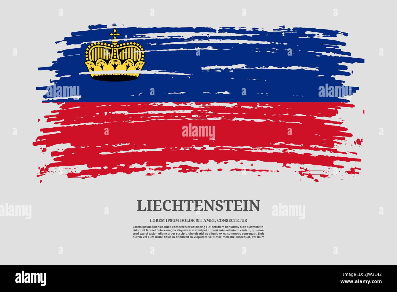 Bandiera del Liechtenstein con effetto tratto pennello e poster di testo informativo, sfondo vettoriale Illustrazione Vettoriale