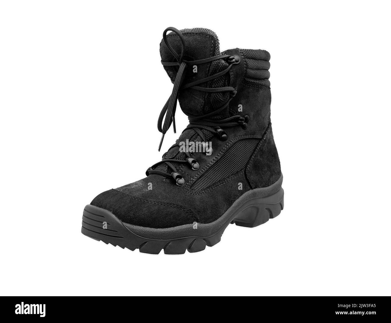 Stivali da combattimento moderni dell'esercito. Nuove scarpe beige deserto. Isolare su sfondo bianco. Foto Stock