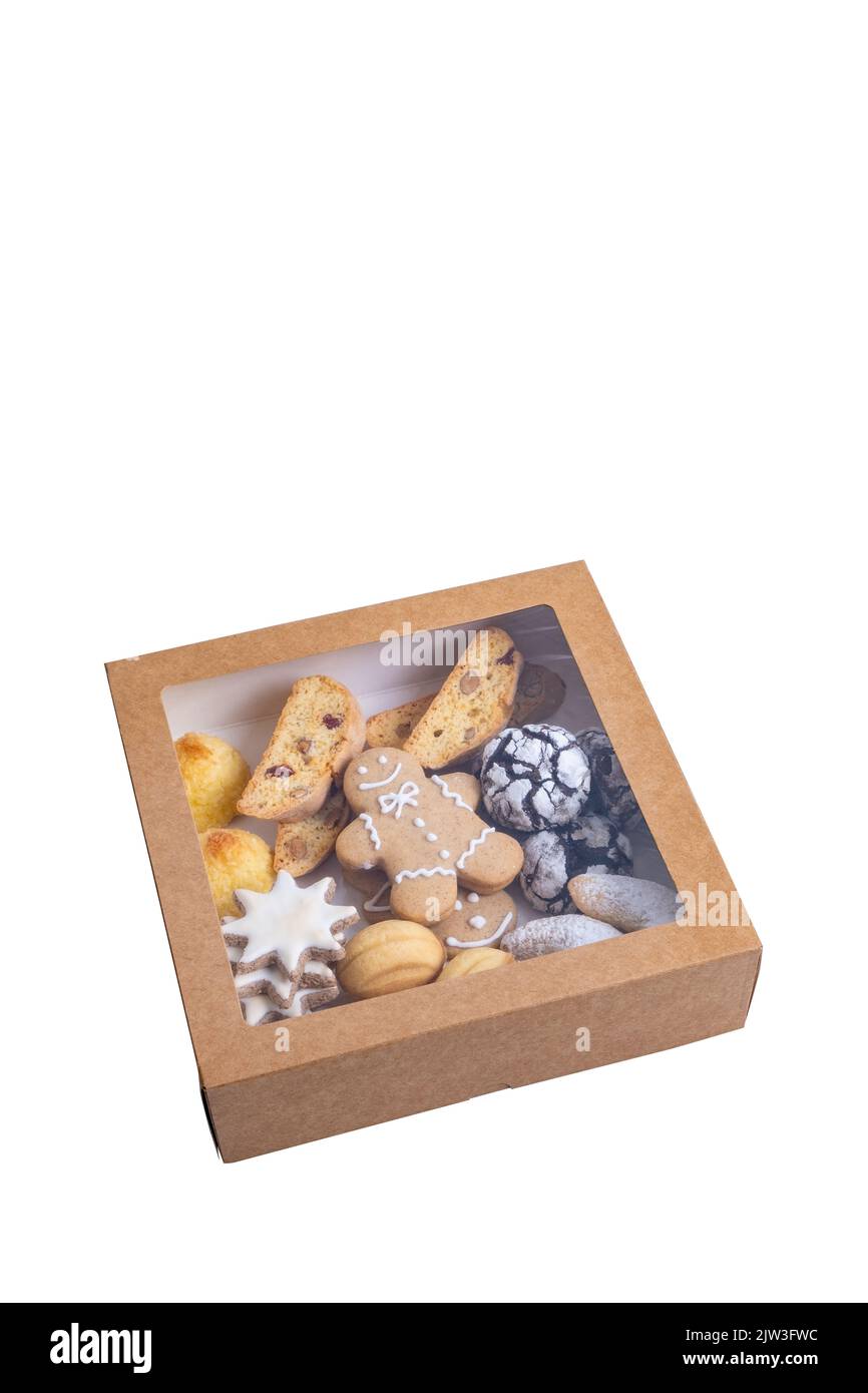 scatola con biscotti di natale isolato Foto Stock