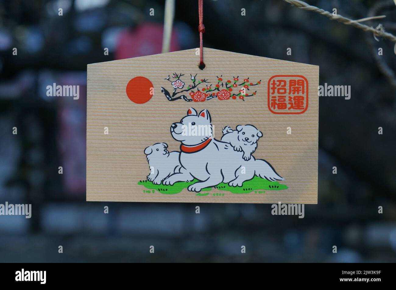 Targa di desiderio del cane nel santuario giapponese Foto Stock