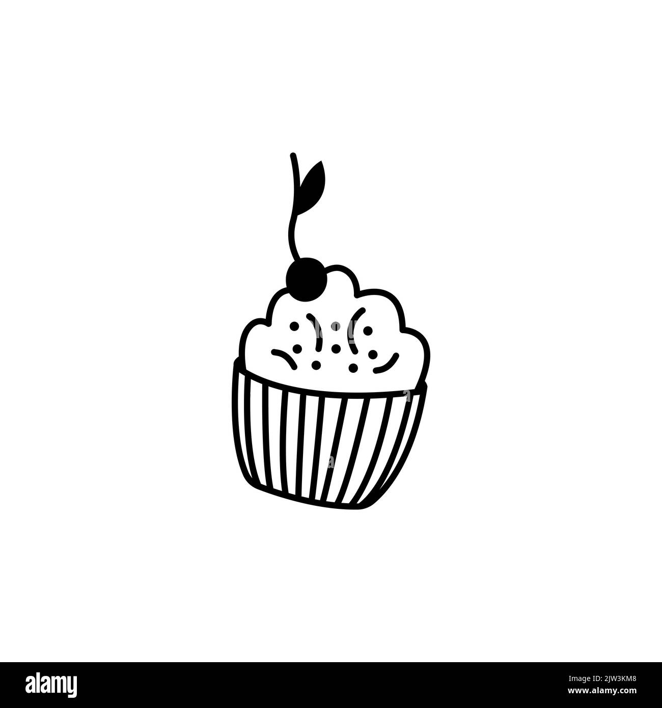 Cupcake doodle lineare. Muffin carino con ciliegia. Elemento per la festa del tè su sfondo bianco. Illustrazione vettoriale disegnata a mano. Illustrazione Vettoriale
