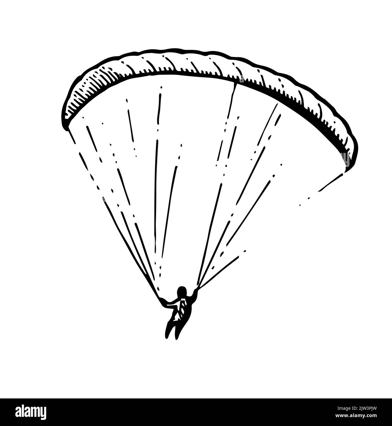 Parapendio paracadutista. Parapendio paracadute. Sport estremi. Volo ad alta quota controllato. Schizzo del contorno disegnato a mano. Isolato su fondo bianco gr Illustrazione Vettoriale