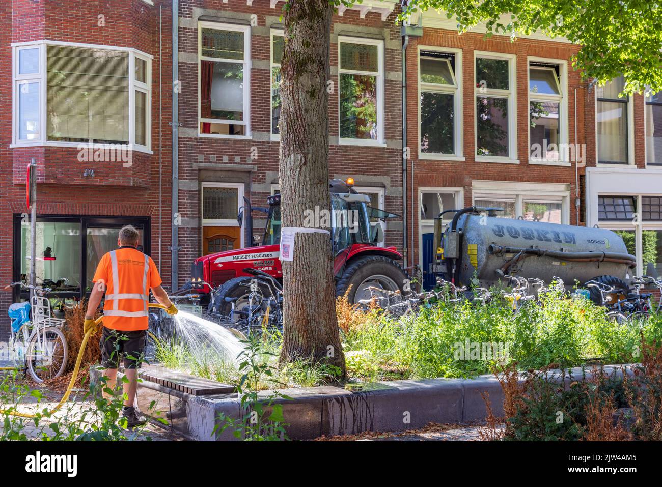 Groningen, Paesi Bassi - 12 agosto 2022: Annaffiare i fiori e le piante nel centro della città di Groningen, nei Paesi Bassi. Foto Stock