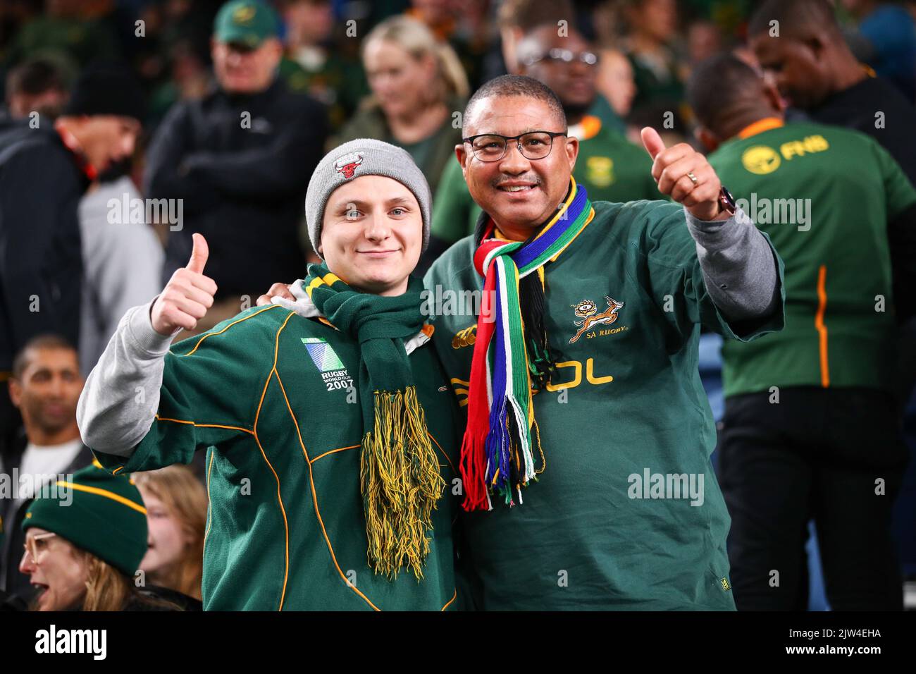 3rd settembre 2022; Allianz Stadium, Sydney, nuovo Galles del Sud, Australia; 2022 Campionato di rugby Etoro, Australia contro Sud Africa: I sostenitori del Sudafrica fanno il tifo per il loro paese Foto Stock