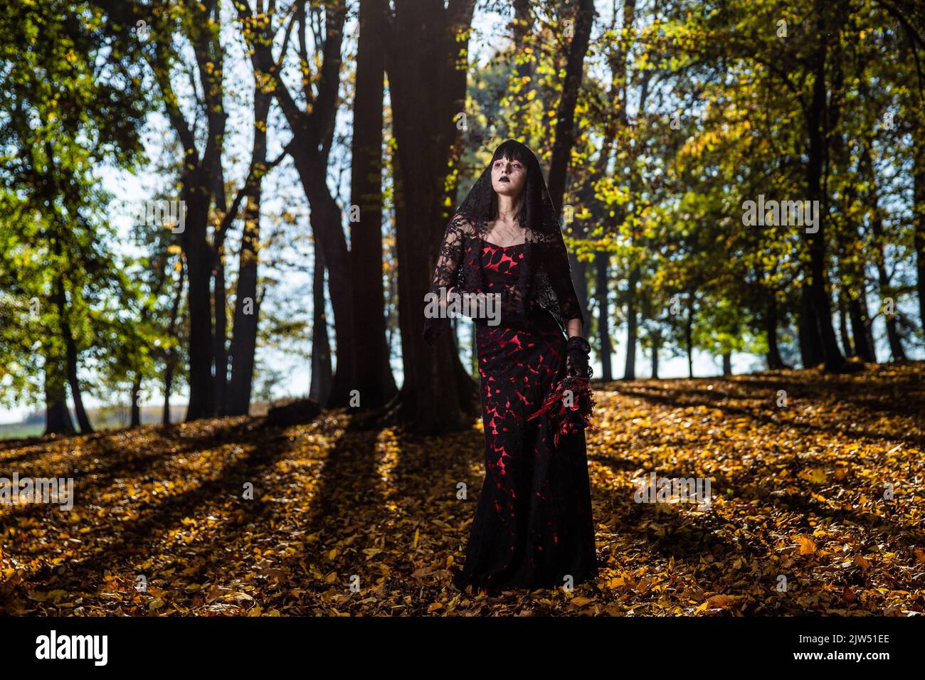 Una bella donna caucasica in stile gotico vestito nero e rosso Foto Stock