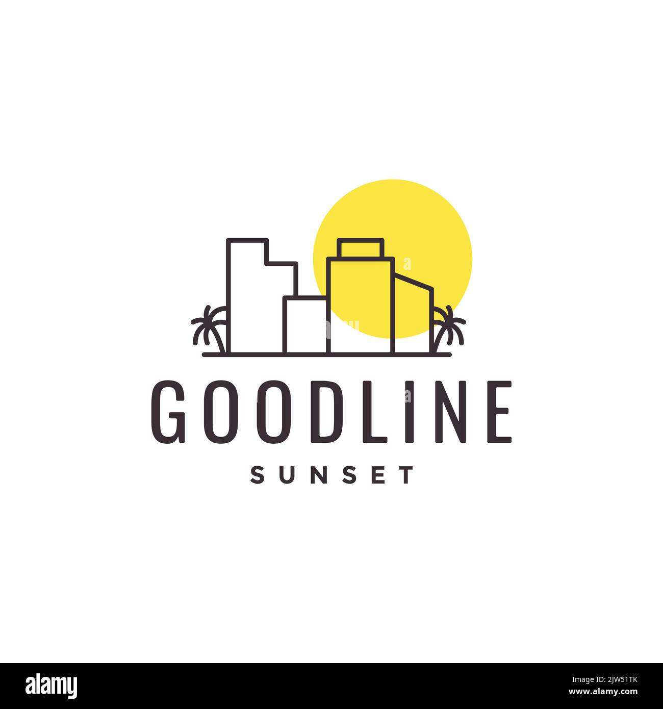 edificio minimalista con albero di cocco e logo del tramonto Illustrazione Vettoriale
