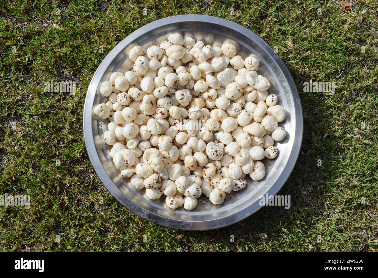 Makhana conosciuto anche come semi di loto soffiato o dadi volpe in piatto. Cibo indiano snack articolo mangiato per dieta o digiuno Foto Stock