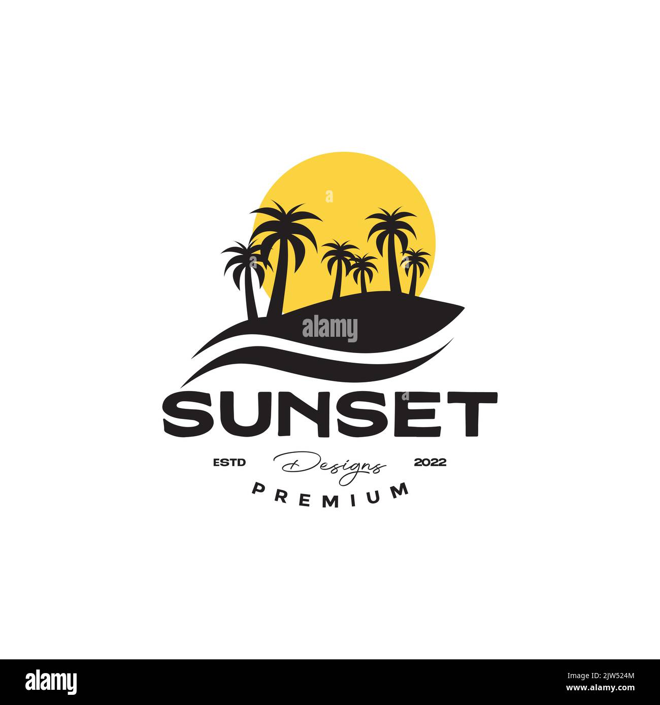 riva del mare con logo vintage del tramonto sull'albero di cocco Illustrazione Vettoriale