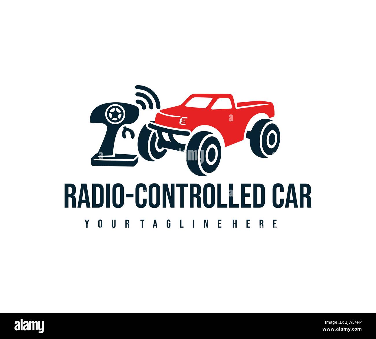 Auto radiocomandata con joystick di controllo, l'auto giocattolo con telecomando, logo. Passeggino elettrico, giocattolo, radiocomando auto, design vettoriale Illustrazione Vettoriale