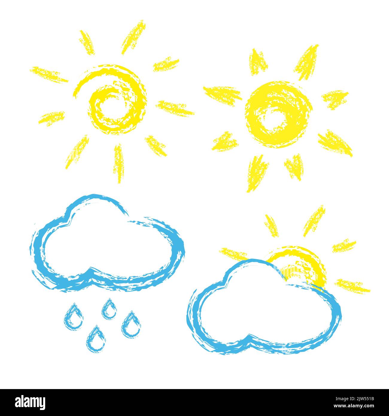 Set di icone meteo stilizzate in gesso isolate in bianco. Gesso disegnato sole e nuvole. Illustrazione vettoriale. Illustrazione Vettoriale
