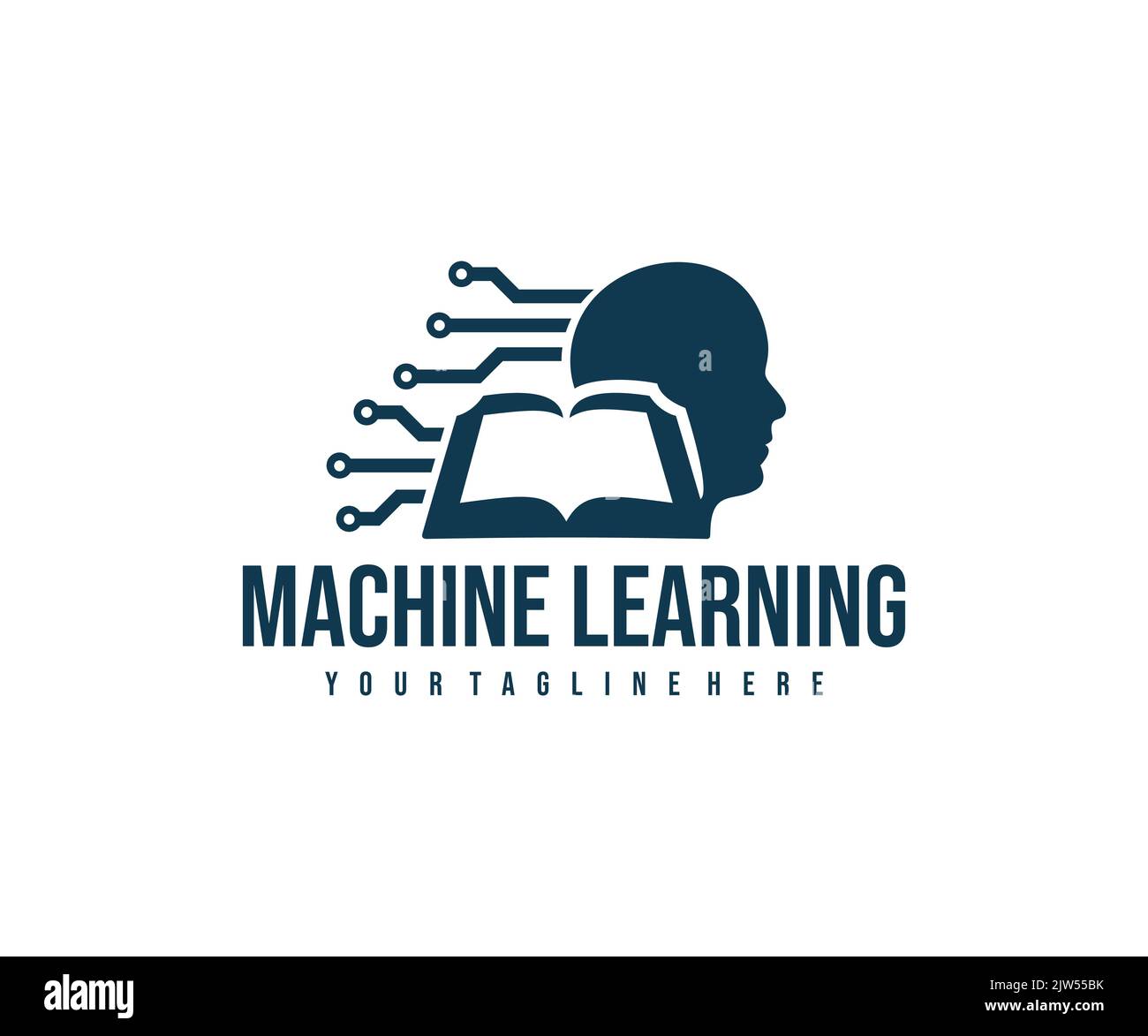 Apprendimento automatico, scheda di circuito, Head Human e libro, logo design. Intelligenza artificiale, rete neurale, deep learning, tecnologia e innovazione Illustrazione Vettoriale