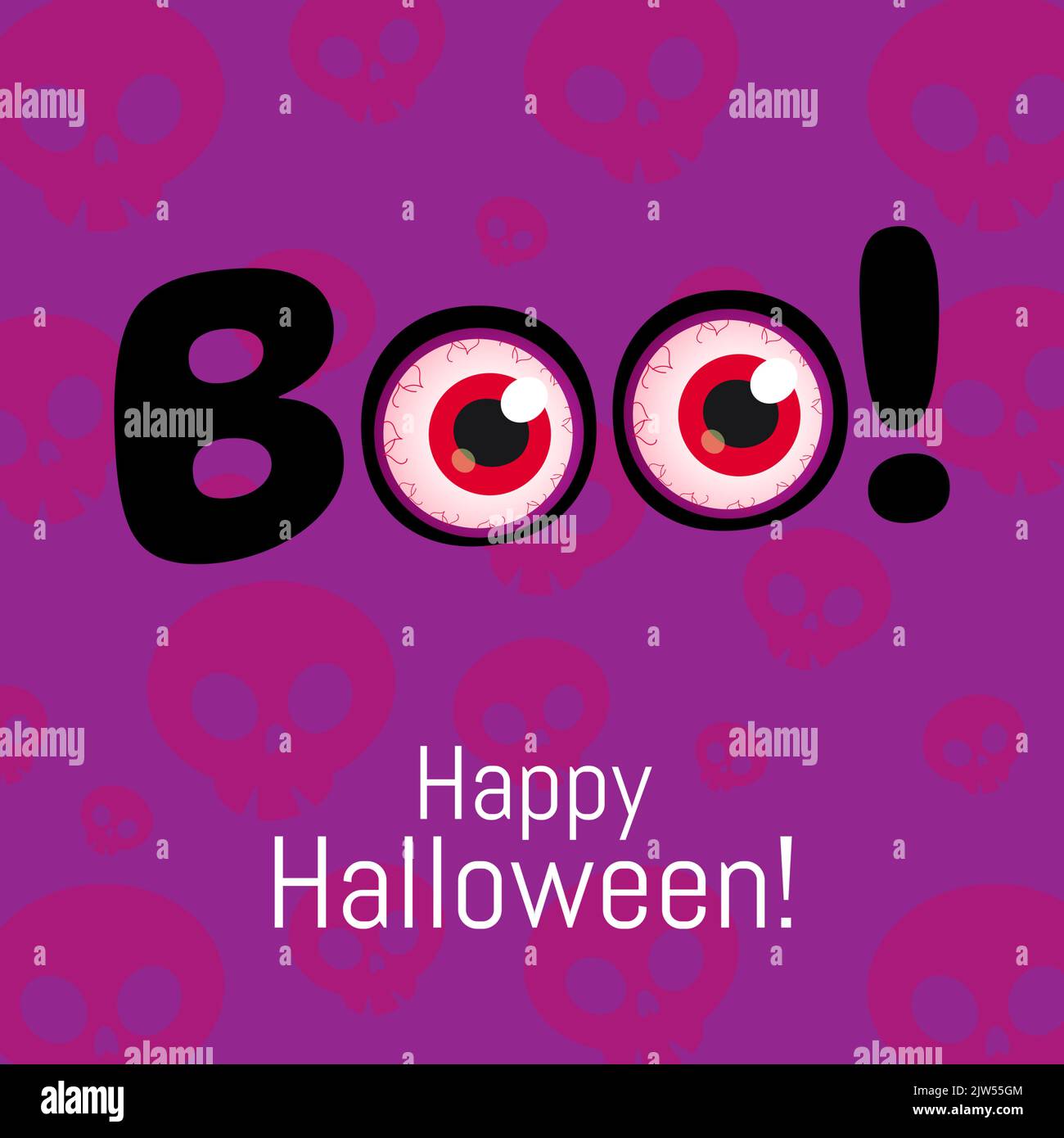 Boo. Sfondo banner di Halloween con occhi rossi su sfondo viola. Scritta, poster, design di schede. Illustrazione vettoriale Illustrazione Vettoriale