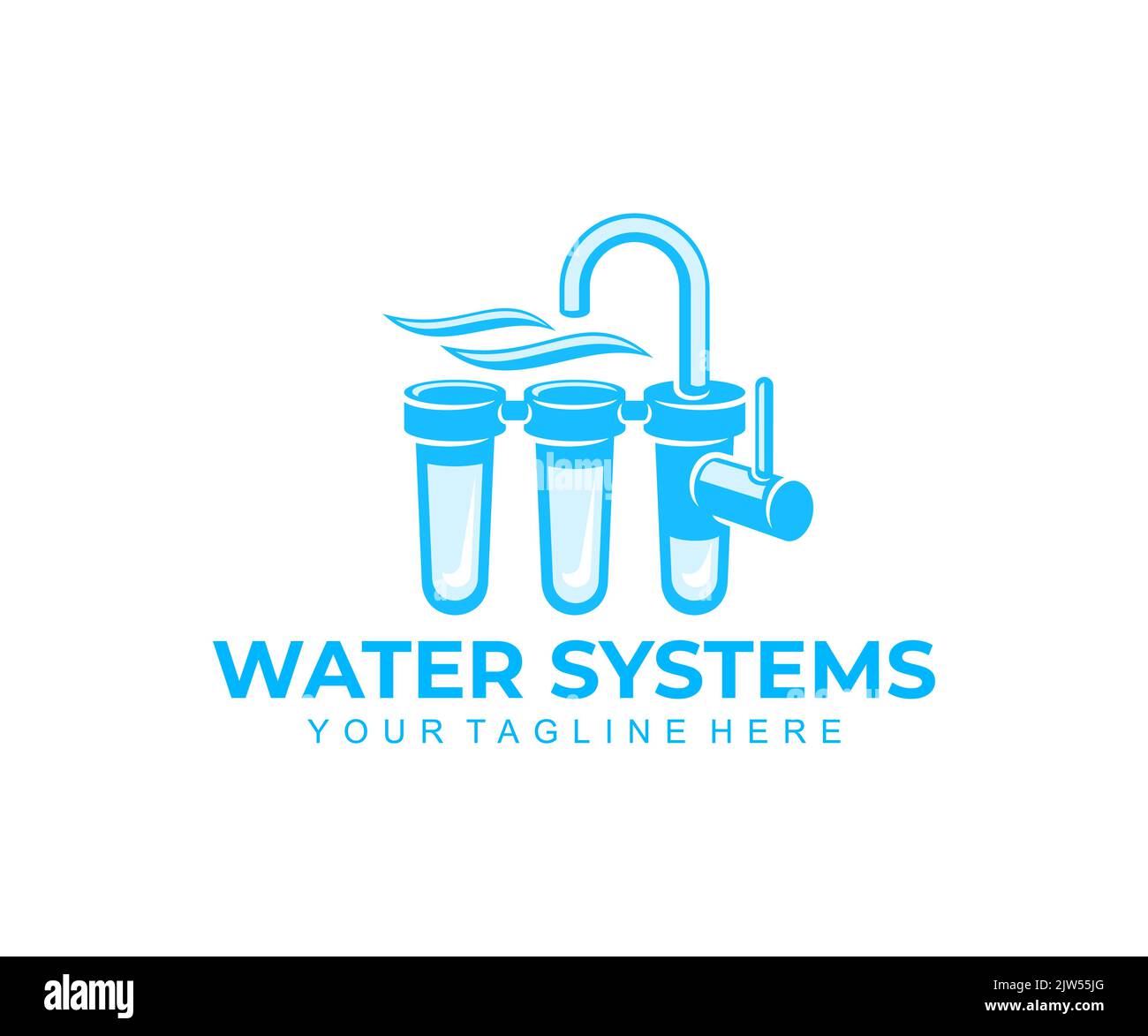 Filtro dell'acqua, sistemi per acqua potabile e trattamento dell'acqua, logo design. Filtrazione, filtrazione o purificazione, idraulica, rubinetto dell'acqua, filtrato Illustrazione Vettoriale