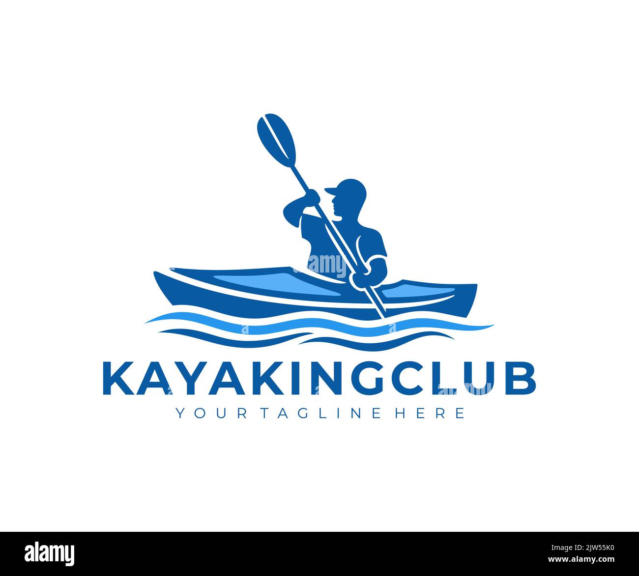 Kayak sul fiume, un ragazzo in un kayak vele sul fiume, logo design. Kayak da diporto, viaggio, viaggio e viaggio, disegno vettoriale e illustrazione Illustrazione Vettoriale